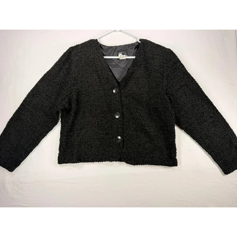 First Option Textured Boucle Jacket Women‎ Medium Black V-Neck Button Up